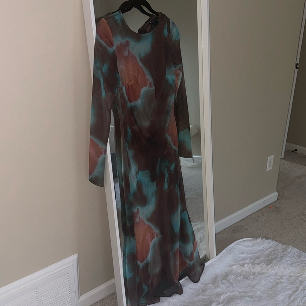 ASOS design chiffon long sleeve midi dress in brown/ teal marble